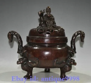 9" Old Chinese Pure Bronze Deer Arhat Double Ears 3 legs Incense Burner Censer - Picture 1 of 9