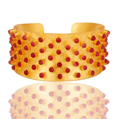 18k Gold Plated Brass Fashion Bangle Jewelry With Red Stone Wide Cuff Bracelet - Image 1 of 4