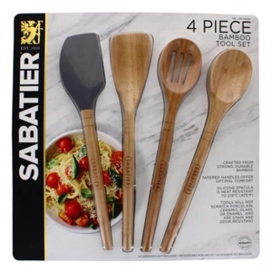 4 Sabatier Bamboo Kitchen Utensil Tool Set Silicone Spatula Slotted Spoon Turner