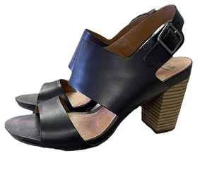 CLARKS Sandals Wmns Sz 8 Narrow Banoy Tulia Block Heel Peep Toe Black Leather - Picture 1 of 10