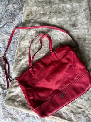 COACH F57902 Nylon Leather Handbag Satchel Tote Purse Long Adjustable Strap Red - Image 1 of 4