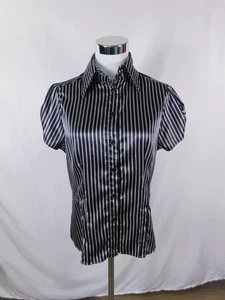 Lipstick Shirt Womens Medium Black White Striped Satin Puff Sleeve Button Up - Picture 1 of 11