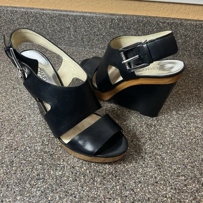 Michael Kors Cuero Negro Tacón Ultra Alto Mujer Talla 9M Punta Abierta Eslinga Trasera Cuña Foto 1 de 4