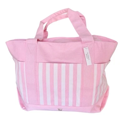 Victoria Secret Pocket Tote Bag Pink White Heritage Stripe Travel - Image 1 of 4