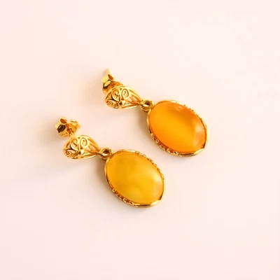 Baltic Honey Amber Gold Dangle Earrings -14k Gold Plated Sterling Silver - Image 1 of 4