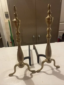 Vtg Pair Brass & Cast Iron Fireplace Andirons 19” Tall Firedogs Mid Century - Picture 1 of 17
