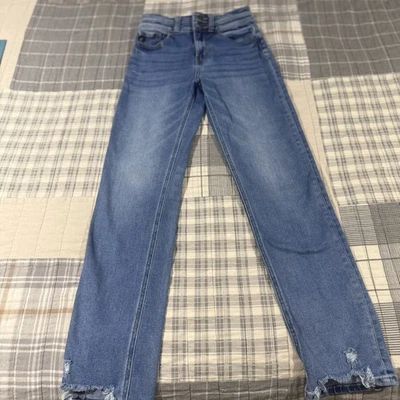 Pantalones de mezclilla ajustados de tiro bajo azules KanCan 0/23 para mujer tobillo desgastado Foto 1 de 4