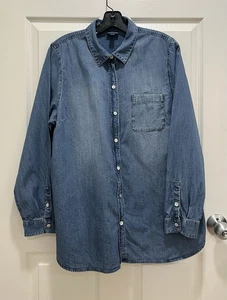 J JILL Denim Womens Large Button Shirt Blue Distressed Long Sleeve Chambray - Picture 1 of 8