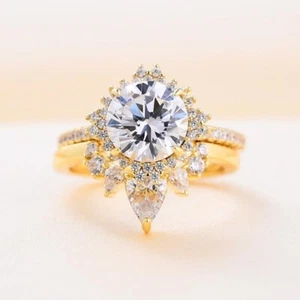 2.60 CT Round Cut Moissanite Dainty Halo Bridal Set Ring 14K Yellow Gold Plated - Picture 1 of 6