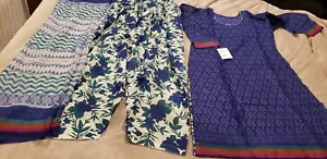 Indischer Damen Blau Baumwolle 3 Teiler Anzug mit Chiffon Dupatta und Patiyala Hose - Bild 1 von 9