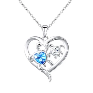 Sterling Silver Mom Baby Turtle 18"Necklace Cubic Zirconia Heart Pendant Jewelry - Picture 1 of 8