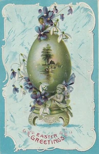 Vintage Postcard Easter Egg with Scene on Pedestal Cherub Germany Embossed 1909 - Bild 1 von 2