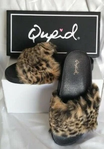 NIB Qupid Booboo-01 Leopard Fur Open Toe Slides Sandals Shoes 5 Slippers - Picture 1 of 2
