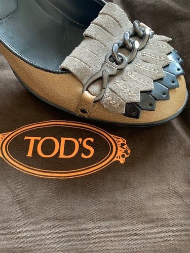 TOD’S TODS Shoes Womens Size 6.5 Brown Beige Suede Heeled Brogue Court Pump EU 40