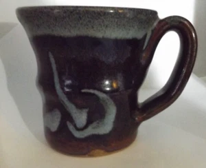 Vintage Brown handmade coffee mug, blue drip glaze. 3 spots in the outside botto - Picture 1 of 24