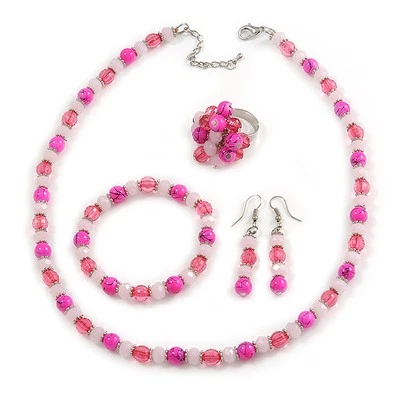 Juego de cuentas de cerámica/vidrio en rosa/ 48 cm L/ 7 cm extendido/anillo talla 7/8 Foto 1 de 4