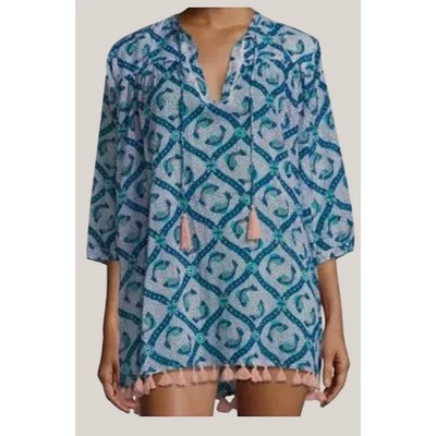 Top túnica Roller Rabbit Serafina talla L azul blanco rosa borlas algodón Foto 1 de 4