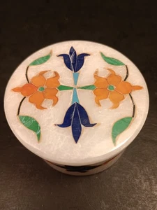 Marble With Inlay Flowers Trinket Box Round White - Picture 1 of 8