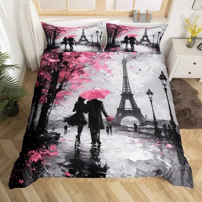 Eiffel Tower Bedding Set Queen Size Couple Romantic Paris Comforter Cover Set... - Photo 1/4