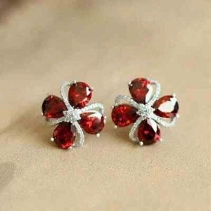 1.90Ct Pear Cut Lab-Created Red Garnet Flower Stud Earring 14K White Gold Plated - Picture 1 of 6