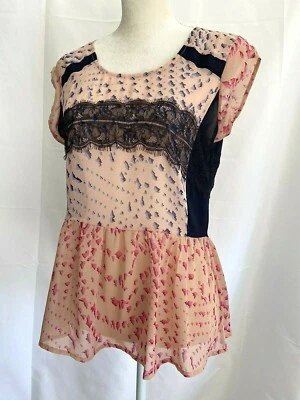 MAEVE  London Top Blouse Cap Sleeve Semi Sheer pink blue w/black lace, Sz XS - Image 1 of 4