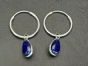 925 Sterling Silver Hoop Earrings Gemstones Lapis Lazuli Teardrop Huggies 15mm - Picture 1 of 2