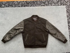 Vintage 90s Black Leather & Wool Varsity Letterman Jacket Men's XL Motor City Casio - Bild 1 von 9