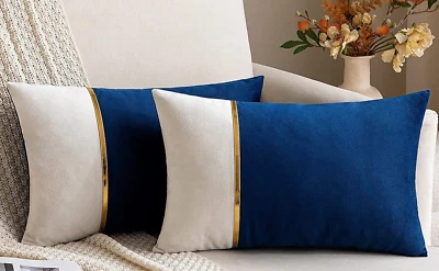 Pair 12 x 20 VELVET  PATCHWORK Gold Leather Pillow Covers ~ Blue , White F94 - Image 1 of 2