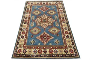 Kazak Rug 4’11” x 6’9” Blue Wool Tribal Geometric Hand-Knotted Oriental Carpet - Picture 1 of 12