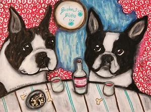 BOSTON TERRIER at the Bistro 9x12 Original Painting Artist KSams Wine Brindle - Picture 1 of 1