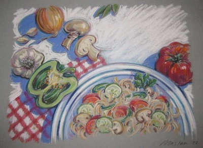 Vintage ORIGINAL Barbara Maslen 'PASTA' Still Life Pastel ILLUSTRATION Painting - Image 1 of 4