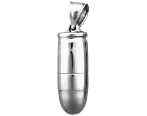 Rhodium Plated 925 Sterling Silver 3-Dimensional 9mm Caliber Bullet Pendant - Picture 1 of 5