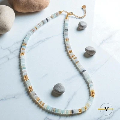 COLLANA UOMO DONNA AMAZZONITE MULTICOLORE PIETRE DURE NATURALI SILVER STEEL - Immagine 1 di 4