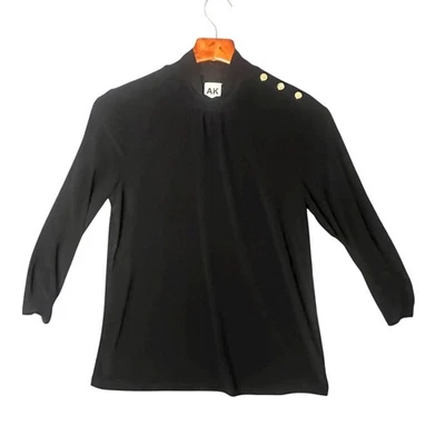 Anne Klein Black Mock Neck Gold Button Shoulder Rouched Sleeve Top Womens Size S - Image 1 of 4
