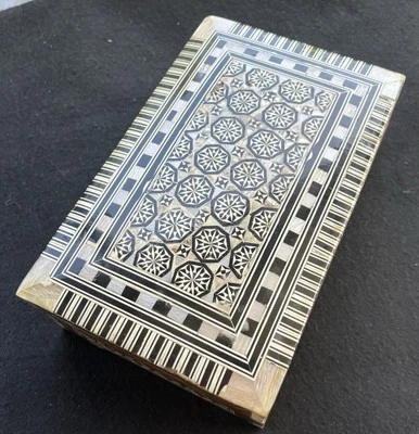 VTG Egyptian Handmade Mosaic Mother of Pearl Inlay Wooden Box w/ Red Velvet - Image 1 of 4