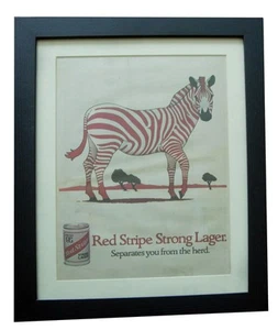 RED STRIPE STRONG LAGER+POSTER+AD+VINTAGE FRAMED ORIGINAL 1980+FAST WORLD SHIP - Picture 1 of 7