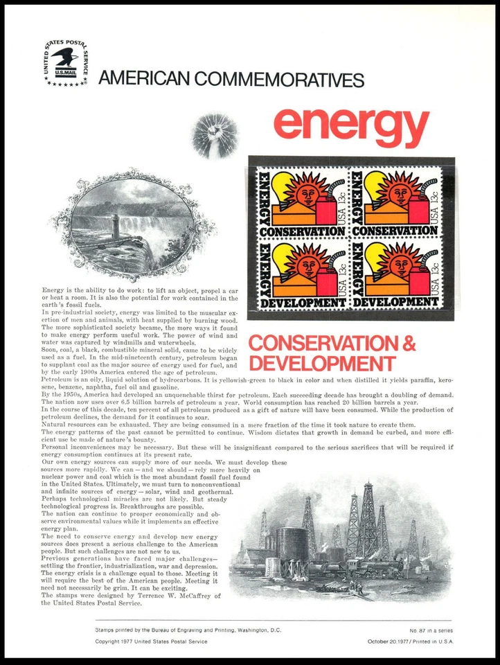 1977 Energy Conservation Development CP83 commemorative panel 87 MNH Sc 1723a - Image 1 of 1