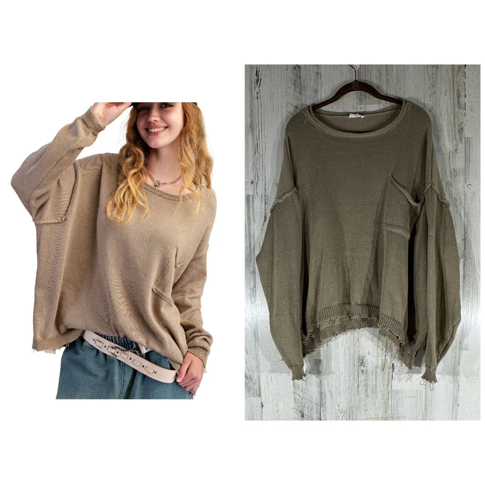 Suéter tejido caballete tostado mediano de gran tamaño holgado desgastado deshilachado bolsillo en el pecho Foto 1 de 4