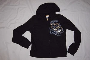 Girls Sweat Jacket BLACK Gold Heart BLING Zip Up Hoodie ANGEL LOVE Large 10-12 - Picture 1 of 2