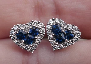Vintage 14k White Gold Sapphire & Diamond Heart Shaped Stud Earrings - Picture 1 of 19