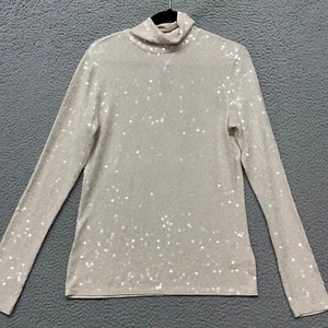Express Top Damen L creme Pailletten Stehkragen Langarm Urlaub Neujahr Glitzer - Bild 1 von 10