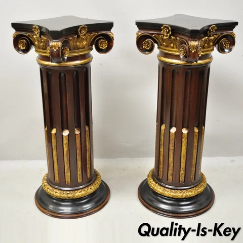 Italian Classical Carved Polychrome Gold Gilt Corinthian Column Pedestals - Pair Cover