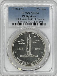 1978-FM Philippines 25 Piso PCGS MS64 Silver Coin Birth of Quezon Anniversary - Picture 1 of 7