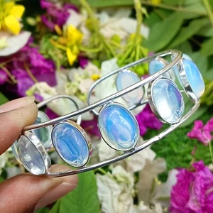 Beautiful Opalite Gemstone 925 Sterling Silver Plated Adjustable Cuff Bangle - Picture 1 of 4