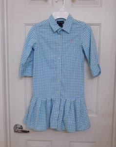 Girls Ralph Lauren Blue Check Shirt Dress Pink Polo Logo sz 10 - Picture 1 of 2