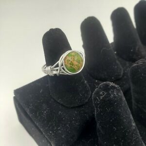 Wire Wrapped Silver Ring with Green / Gold Glass Stone, Women's, Girls, Gift