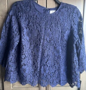 Tahari blouse XS blue lace lined NWT 89.00 MSRP 3/4 in Sleeve partial open back - Picture 1 of 14