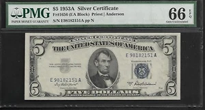 US 5 $ 1953A PMG 66 EPQ UNC Fr #1656 Silver Certificate Priest/Anderson - Picture 1 of 4