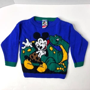 Vintage 90s Disney Mickey Mouse Caveman Dinosaur Knit Sweater Toddler Dinoland - Picture 1 of 20