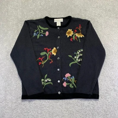 Винтажный Susan Bristol женщин кардиган свитер M черный вручную вышитый цветочный кнопка - Изображение 1 из 4